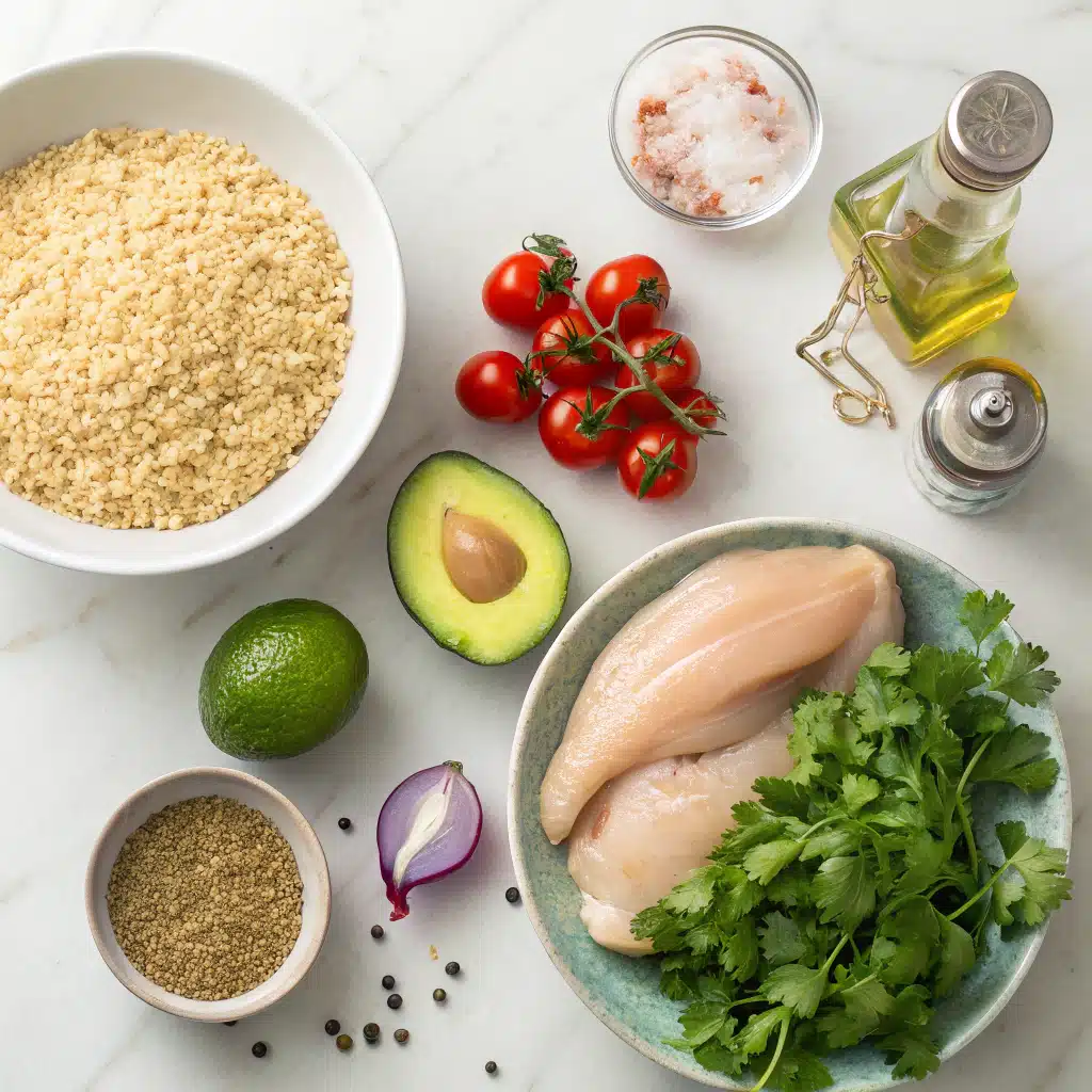 chicken quinoa salad ingredients on a kitchen counter