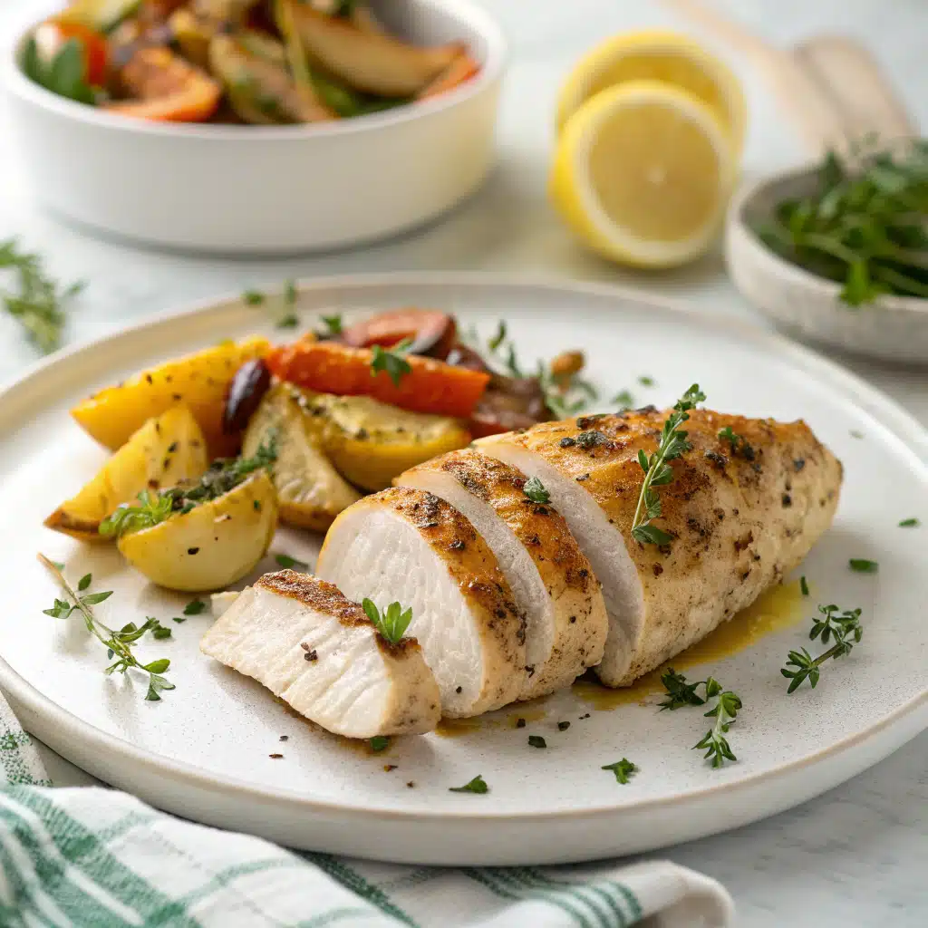 A freshly cooked lemon herb chicken breast