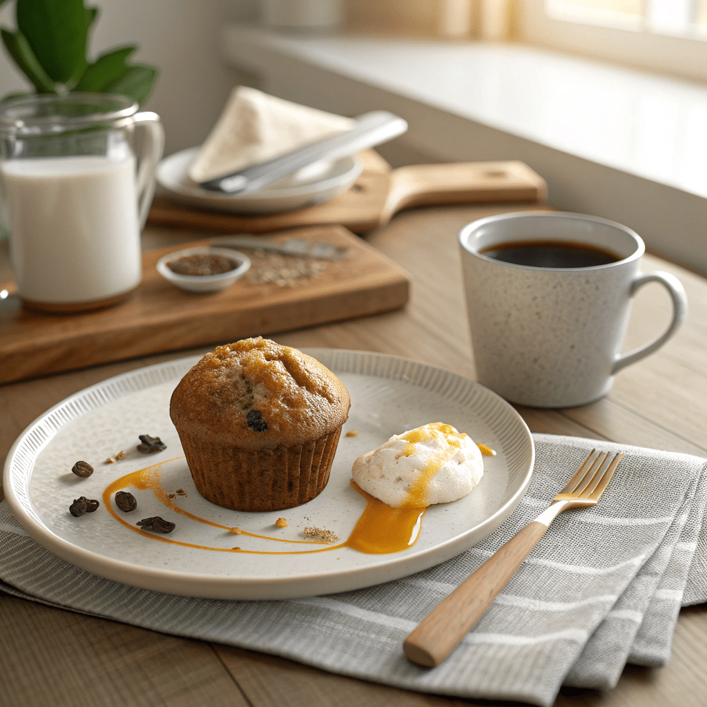 a muffin on a white plate with Greek yogurt and honey drizzle