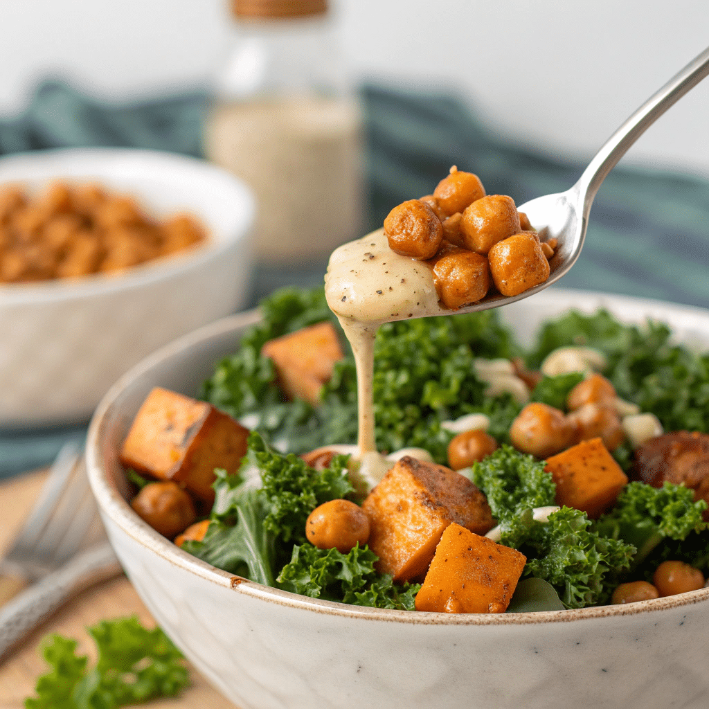 side-angle shot of a forkful of kale