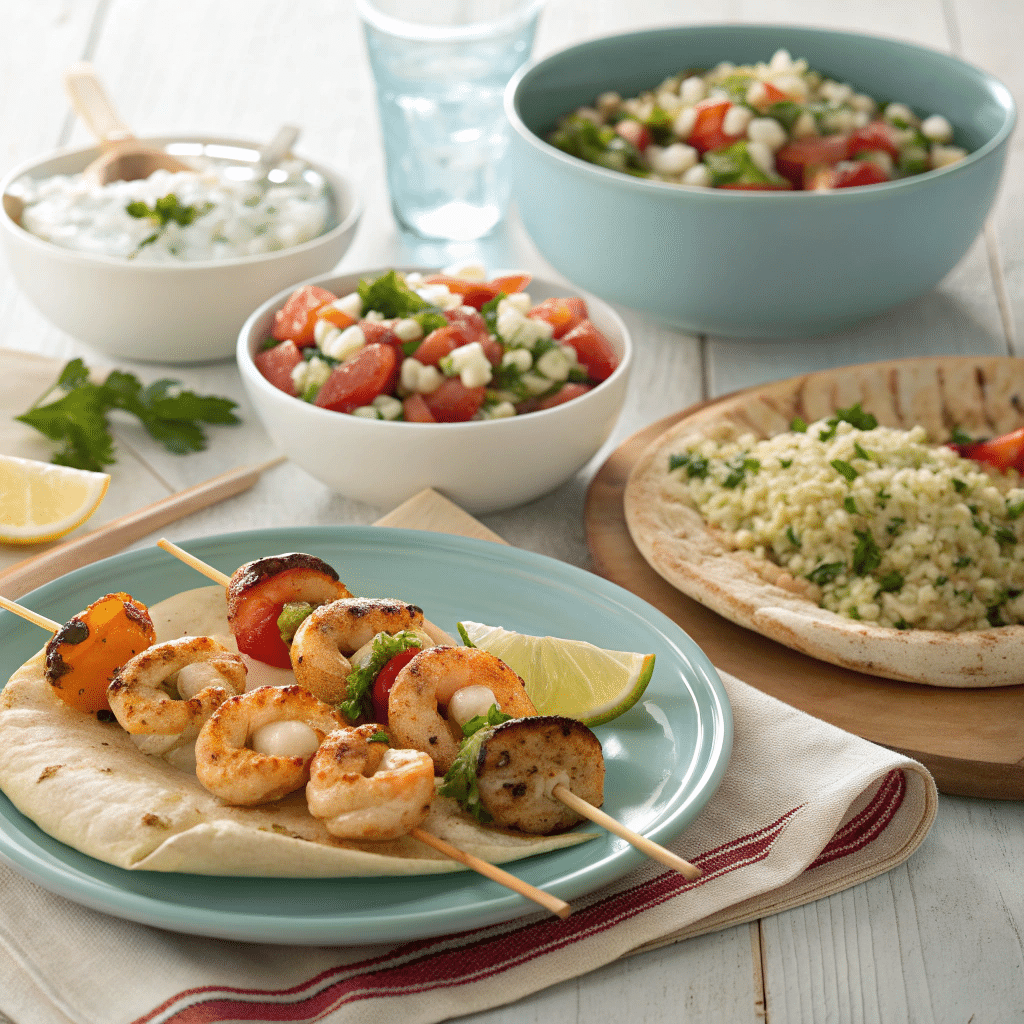 three plates of shrimp skewers
