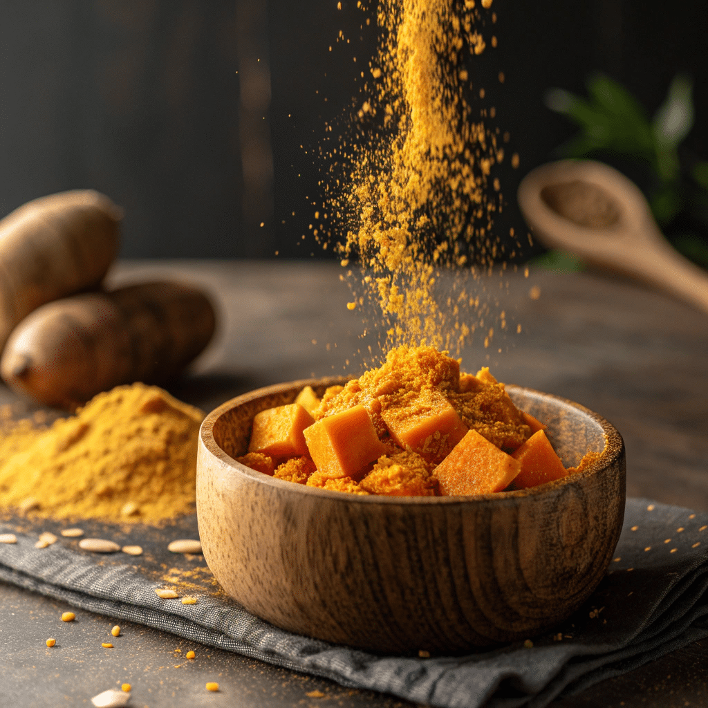 turmeric powder being sprinkled over cubed sweet potatoes