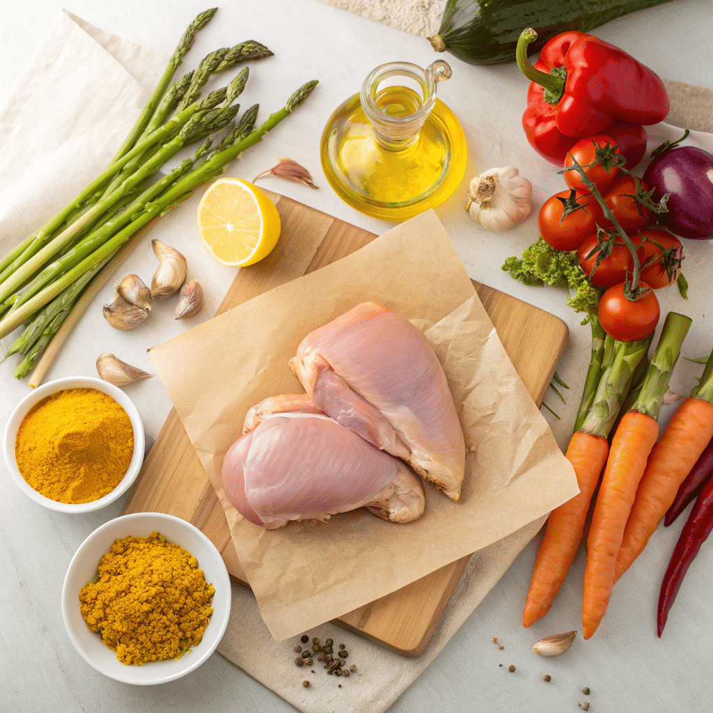 flat lay of fresh raw ingredients for turmeric chicken