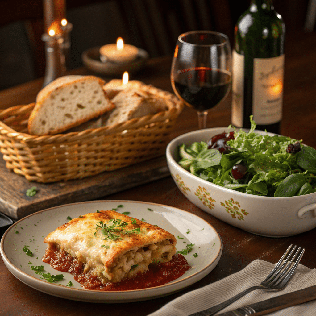 slice of lasagna served on a plate alongside a green salad