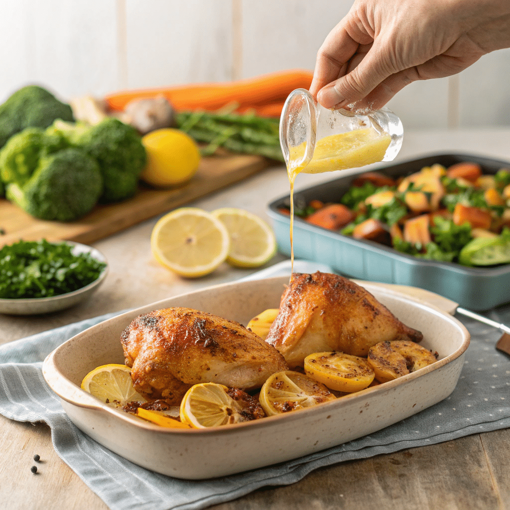 fresh lemon juice over golden roasted chicken thighs