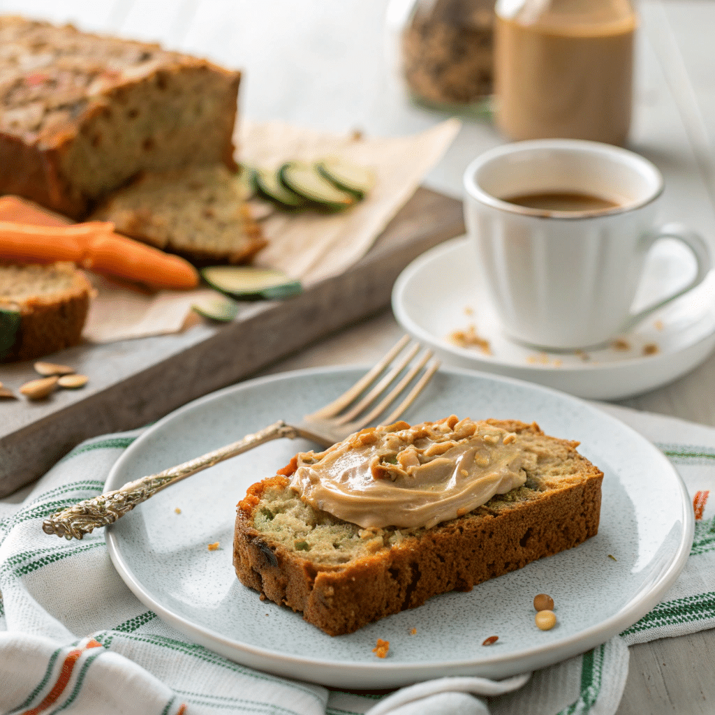 A slice of zucchini carrot loaf toasted on a plate
