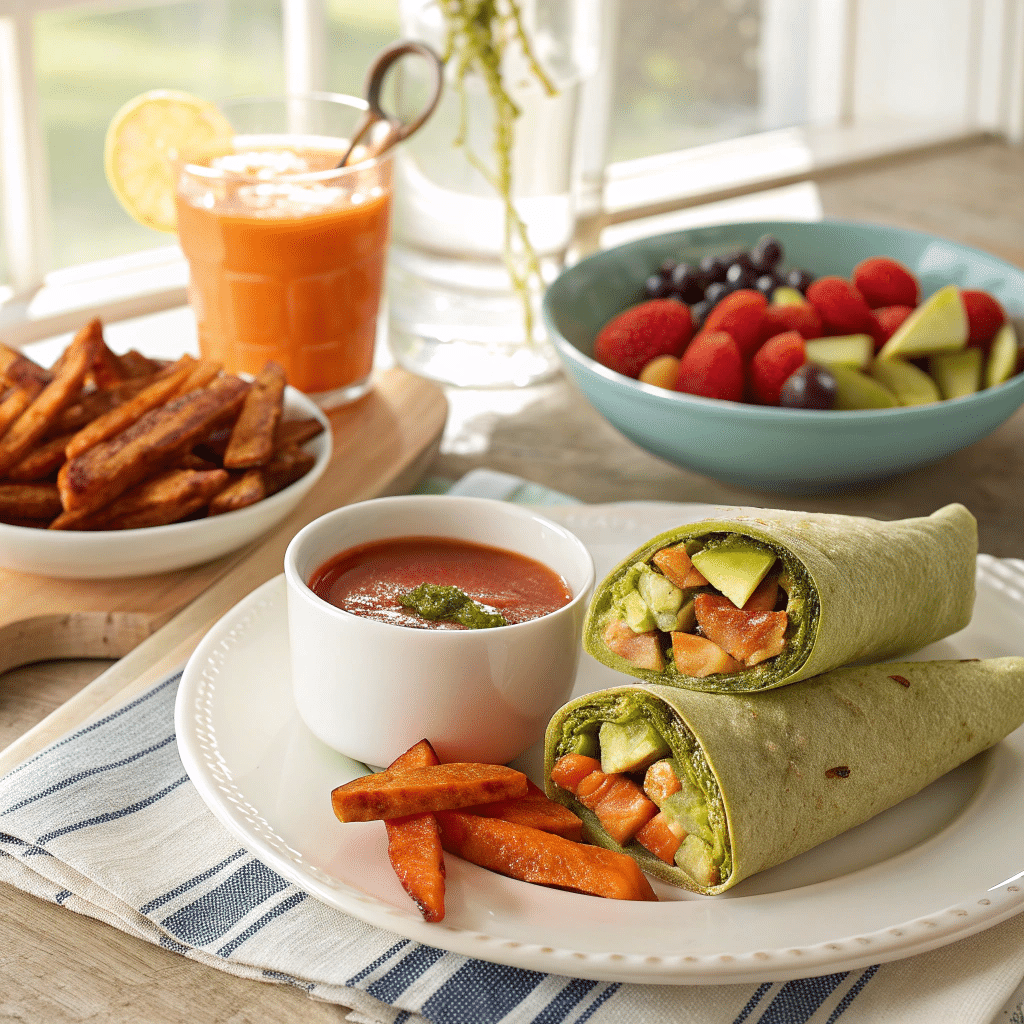chickpea avocado wrap served with a small bowl of roasted sweet potato fries