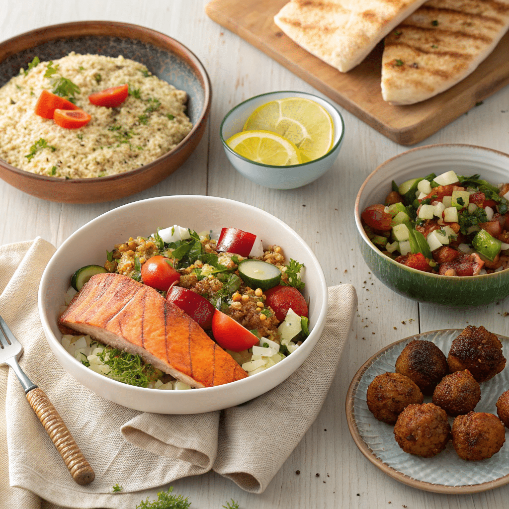 Beautiful table setting with quinoa roasted veggie Mediterranean salad