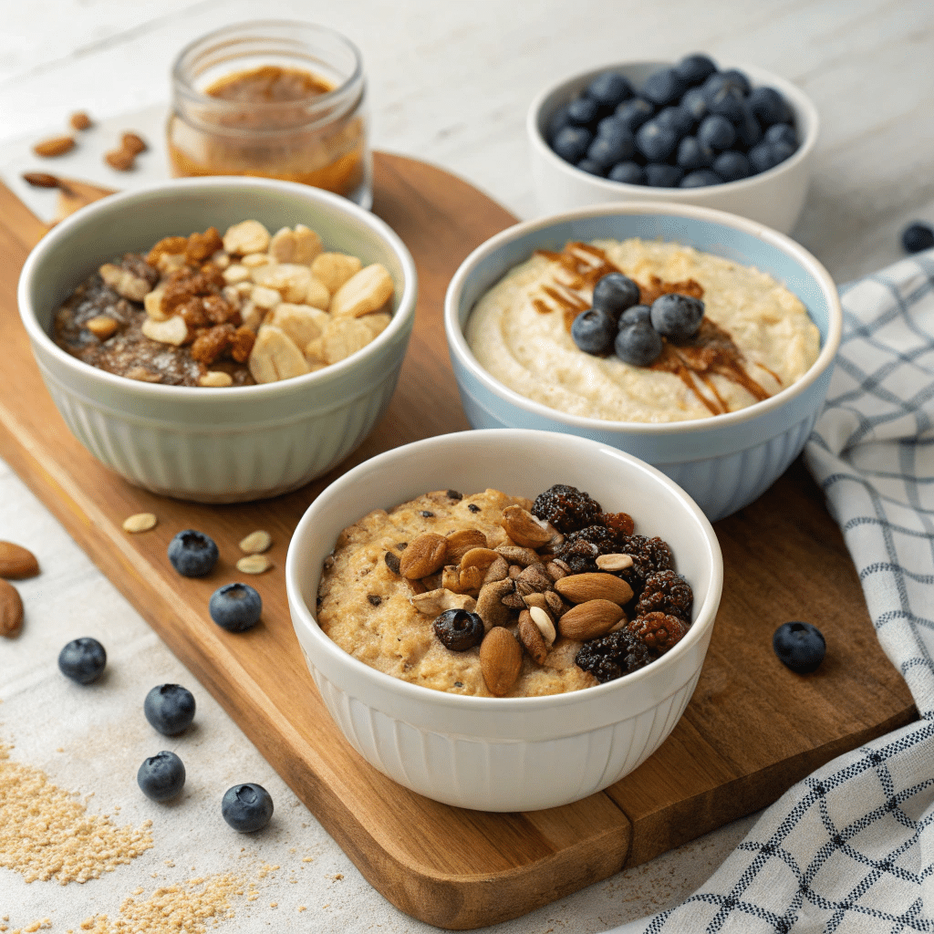 Three bowls of apple cinnamon quinoa breakfast